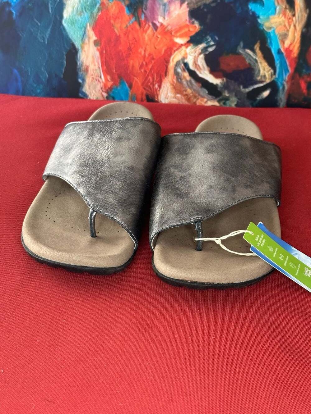 Taos Universe Pewter Metallic Leather Toe Loop Slide Sandals